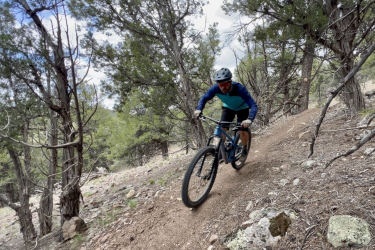 A mountain biker navigating a dirt trail surrounded by trees, leaning into a turn. The rider is wearing a helmet and a blue long-sleeve jersey, pedaling a blue mountain bike on a rocky path. The landscape features green foliage and scattered rocks, with a cloudy sky above.