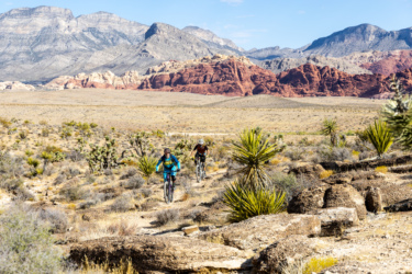 Two mountain bikers riding along a dirt trail in a desert landscape, featuring rocky terrain, sparse vegetation, and colorful rock formations in the background under a clear blue sky. Cowboy Trails mountain bike trail.