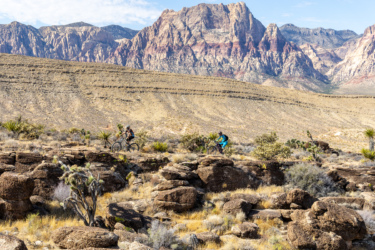 Alt text: Two mountain bikers traverse rocky terrain in a desert landscape, with rugged mountains and a clear blue sky in the background. Cacti and shrubs dot the dry, sandy ground. Cowboy Trails mountain bike trail.