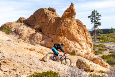 A mountain biker navigating a rocky terrain with large, orange rock formations in the background. The rider is wearing a helmet and a black jacket with blue shorts, demonstrating skillful control on the steep incline. Sparse vegetation covers the ground, and a tree is visible in the distance under a bright, clear sky. Ella Mountain Trail mountain bike trail.