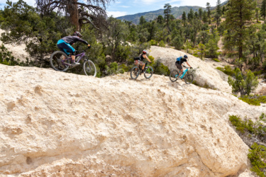 Three mountain bikers navigating a rocky, elevated trail surrounded by trees and a mountainous landscape. The riders are in motion, showcasing the excitement and challenge of biking in a natural outdoor setting. Ella Mountain Trail mountain bike trail.