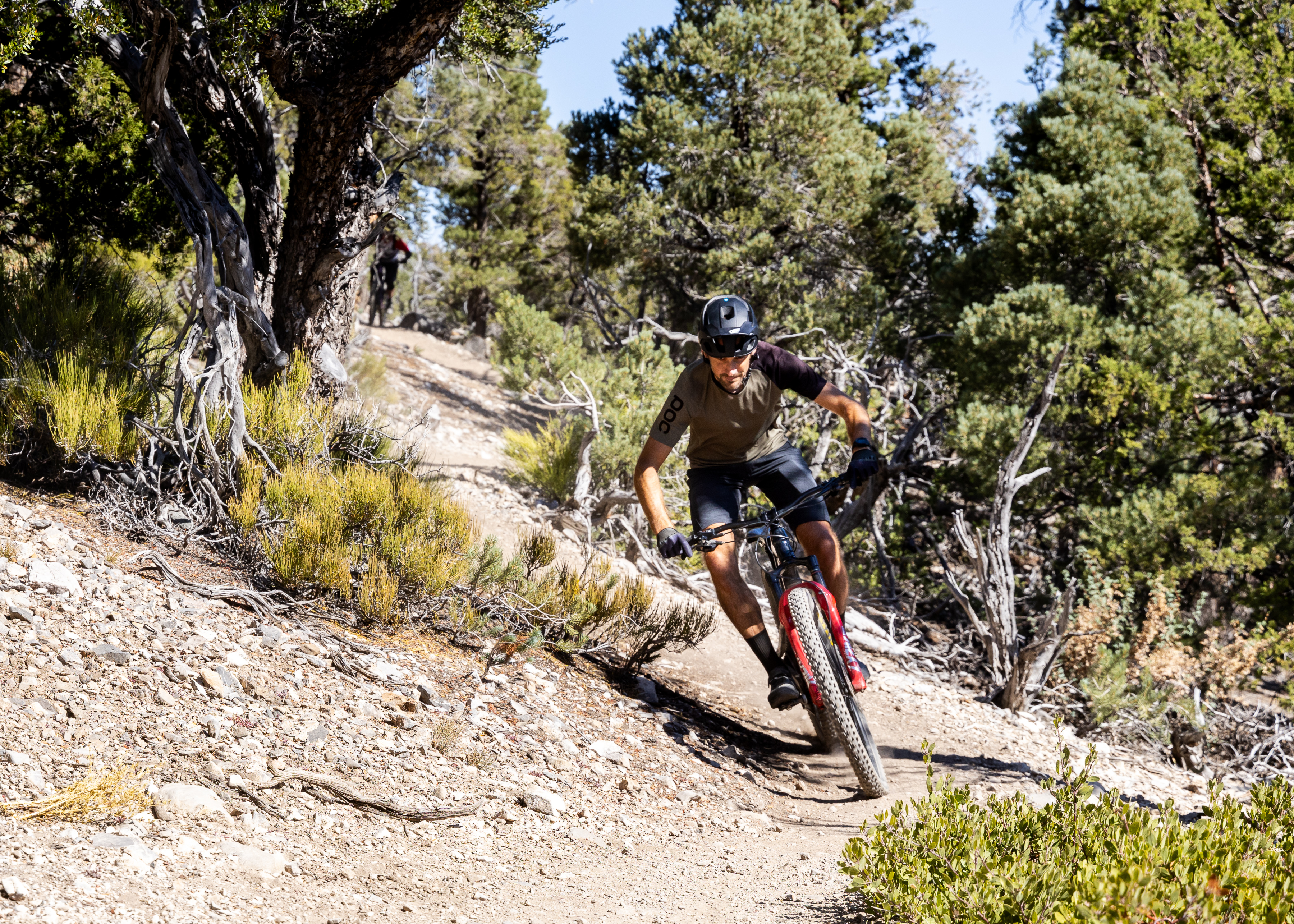 A mountain biker navigating a rocky trail in a forested area, with trees and shrubs lining the path. The cyclist is leaning into a turn on a red bike, wearing a helmet and sport attire, under clear blue skies. Lower Showgirl mountain bike trail.