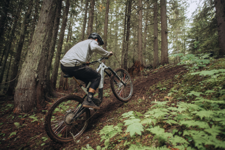 A mountain biker in a helmet and sunglasses rides an electric bike up a rocky incline, showcasing bike skills on a rugged trail surrounded by grass and wildflowers under a cloudy sky.