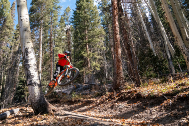 A cyclist in a red jacket performs a jump over a dirt trail in a forested area, surrounded by tall trees and fallen logs, with blue skies peeking through the canopy. Baker's Park mountain bike trail.