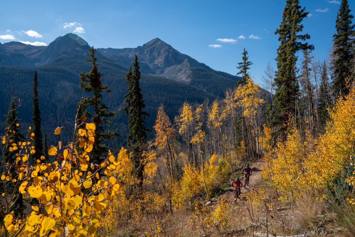 Two mountain bikers ride along a rocky trail surrounded by vibrant autumn foliage, with tall pine trees and distant mountains under a blue sky. The scene captures the beauty of nature in fall, with splashes of yellow and orange from the leaves. Baker's Park mountain bike trail.