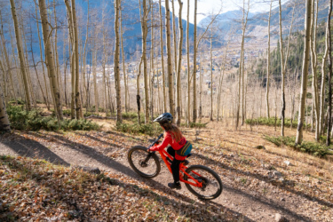 A young person riding a mountain bike down a forested trail, surrounded by tall aspen trees with a backdrop of a distant town and mountains. The scene captures a sunny day with leaves scattered on the ground, illustrating a vibrant autumn landscape. Baker's Park mountain bike trail.