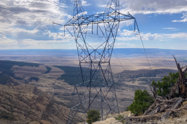 A tall, metal powerline tower stands prominently on a rocky slope, overlooking a vast and arid landscape featuring rolling hills and valleys. The sky is partly cloudy, with blue hues peeking through. The view captures a remote area with patches of green vegetation amid the expansive terrain. Palisade Plunge mountain bike trail.