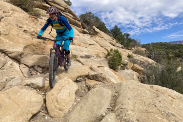 A mountain biker navigating a rocky trail surrounded by shrubs and trees, with a partly cloudy sky in the background. The rider is wearing a blue and yellow biking outfit and a helmet, skillfully maneuvering over large stones. Palisade Plunge mountain bike trail.