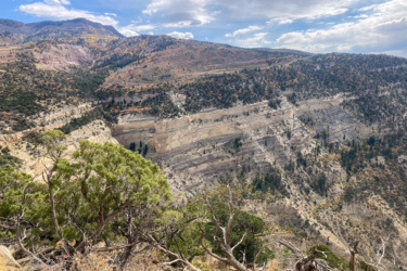 A scenic view of a mountainous landscape showcasing layered rock formations and patches of forest. In the foreground, there is a green shrubbery, while the background features rugged terrain and distant peaks under a partly cloudy sky. Palisade Plunge mountain bike trail.