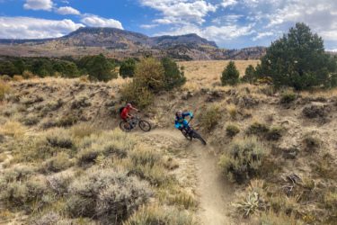 Two mountain bikers navigate a winding dirt trail surrounded by a mix of shrubs and grassland, with mountains in the background under a partly cloudy sky. The landscape features autumn colors on the hillsides, highlighting the seasonal foliage. Palisade Plunge mountain bike trail.