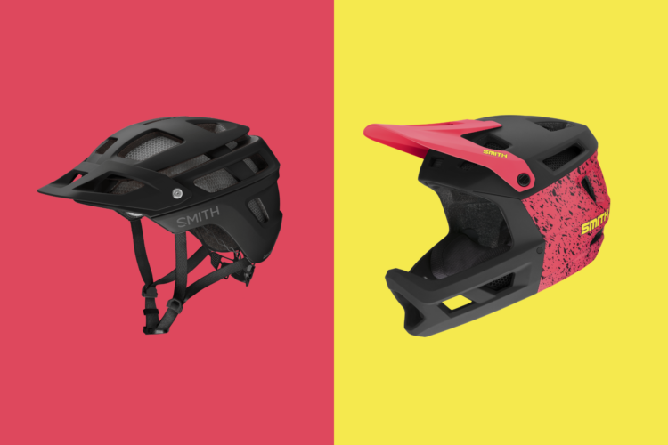 Two bike helmets displayed side by side. On the left, a sleek, all-black helmet with ventilation holes, set against a bright pink background. On the right, a black and red helmet featuring a bold splatter pattern, positioned against a vibrant yellow background. Both helmets are designed for safety and style in cycling.