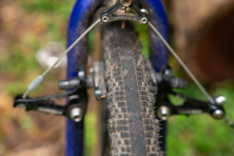 Close-up view of a Teravail Washburn gravel bike tire showing its tread pattern, with a portion of the bike's brake system visible in the background. The tire is slightly muddy, indicating outdoor use on a rugged terrain. Soft green foliage and blurred elements suggest a natural setting.