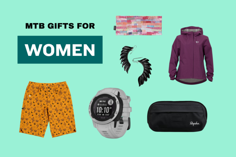 A colorful graphic showcasing a selection of mountain biking gifts for women. Featured items include a pair of vibrant orange shorts with a cactus pattern, a smartwatch, a multicolored headband, stylish black earrings, a purple weather-resistant jacket, and a black pouch from Rapha. The text prominently displays "MTB GIFTS FOR WOMEN." The background is a light green.