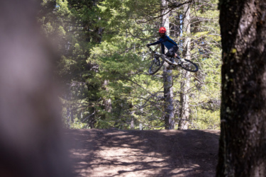 A cyclist in a red helmet performs a jump on a mountain bike, soaring above a dirt jump surrounded by trees in a forested area. The image captures the dynamic action of the rider mid-air, showcasing the thrill of mountain biking. Deer Jumps mountain bike trail.