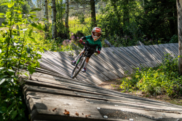 A child riding a mountain bike on a wooden ramp in a forested area, wearing a helmet and protective gear. The surrounding greenery and trees create a vibrant, natural setting, while the sunlight highlights the scene. Bronco mountain bike trail.
