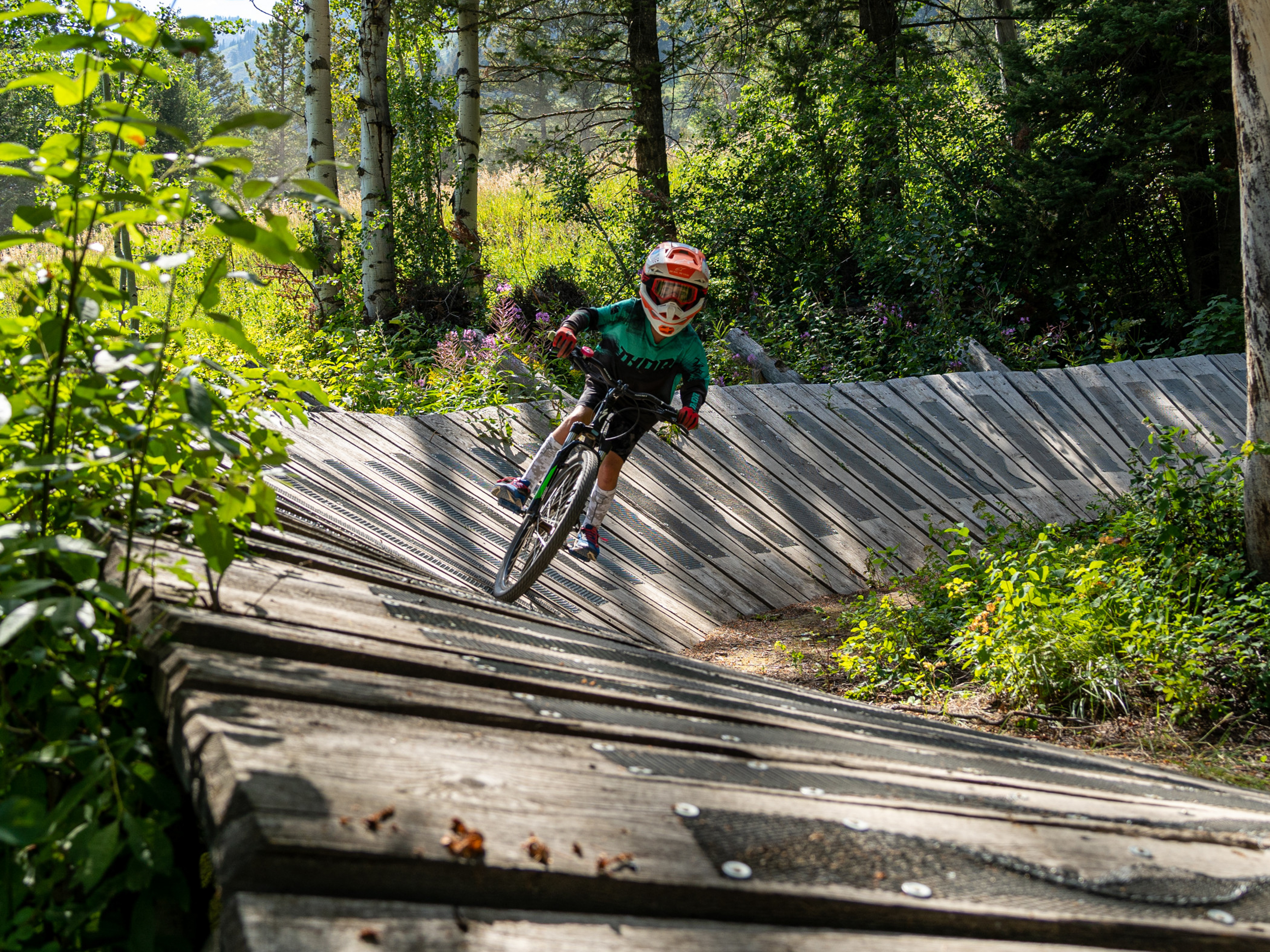 A child riding a mountain bike on a wooden ramp in a forested area, wearing a helmet and protective gear. The surrounding greenery and trees create a vibrant, natural setting, while the sunlight highlights the scene. Bronco mountain bike trail.