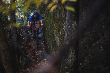 A mountain biker navigates a narrow trail surrounded by trees and rocks, showcasing autumn foliage and a rugged, natural landscape. The rider, dressed in a blue shirt and wearing a helmet, leans forward as they maneuver over a rocky terrain with fallen leaves scattered on the ground. Satan's Ridge mountain bike trail.