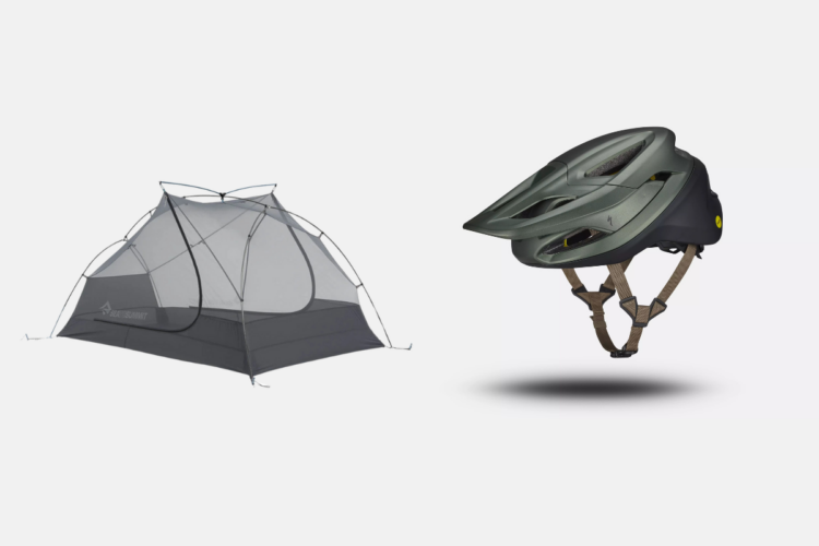 A camping tent and a bicycle helmet displayed side by side against a plain background. The tent is a lightweight design with a gray exterior and mesh panels, while the helmet is a modern-style, dark green with adjustable straps.