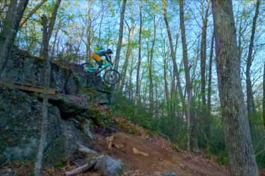 A mountain biker in a green and yellow outfit jumps off a rocky ledge in a wooded area, surrounded by tall trees with fresh green leaves. The rider's bicycle is airborne as they navigate a challenging trail.