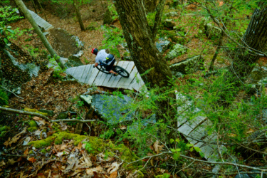 A mountain biker navigates a wooden pathway in a dense forest, surrounded by trees and rocky terrain, with autumn leaves covering the ground. Satan's Ridge mountain bike trail.