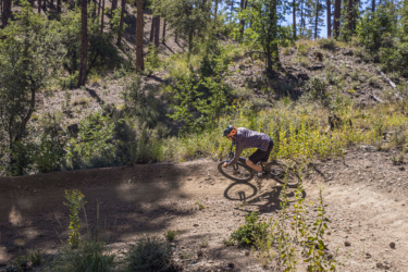 A mountain biker navigating a dirt trail in a wooded area, leaning into a turn with trees and greenery in the background under a clear blue sky. Bean Peaks mountain bike trail.