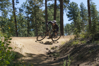 A mountain biker leans into a turn on a dirt trail surrounded by tall trees, showcasing dynamic movement and skill. The rider wears protective gear and a helmet, with a mix of sunlight filtering through the foliage above. Bean Peaks mountain bike trail.