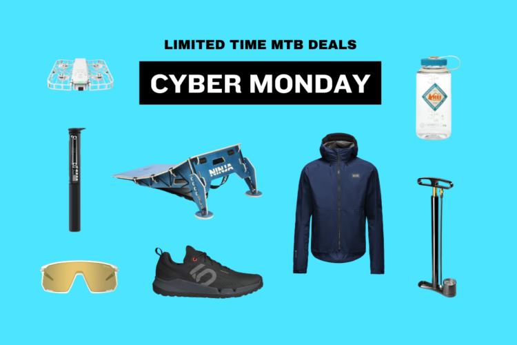 Image featuring a variety of mountain biking products for Cyber Monday deals, including a drone, a dropper post, a bike ramp, sunglasses, cycling shoes, a jacket, a water bottle, and a bike pump, all arranged on a bright blue background. The text "LIMITED TIME MTB DEALS" and "CYBER MONDAY" is prominently displayed.