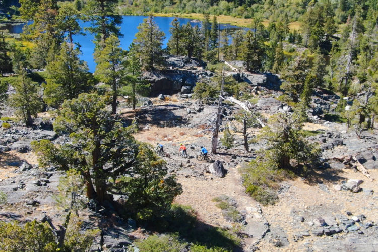 A scenic view of mountain bikers navigating rocky terrain near a serene blue lake, surrounded by lush greenery and tall pine trees under a clear sky.