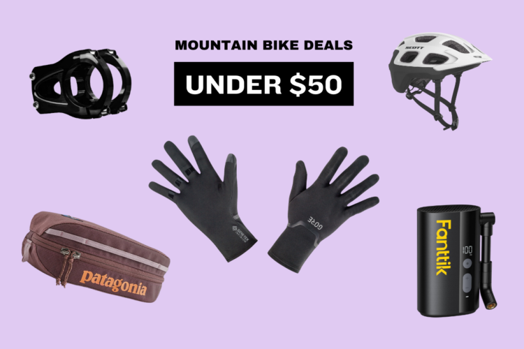 Image featuring various mountain biking accessories available for under $50, including a black bike handlebar stem, a white helmet, a pair of black gloves with the GORE-TEX logo, a brown Patagonia pouch, and a black portable air pump labeled 'Fanttik', all set against a light purple background with the text "MOUNTAIN BIKE DEALS" prominently displayed.