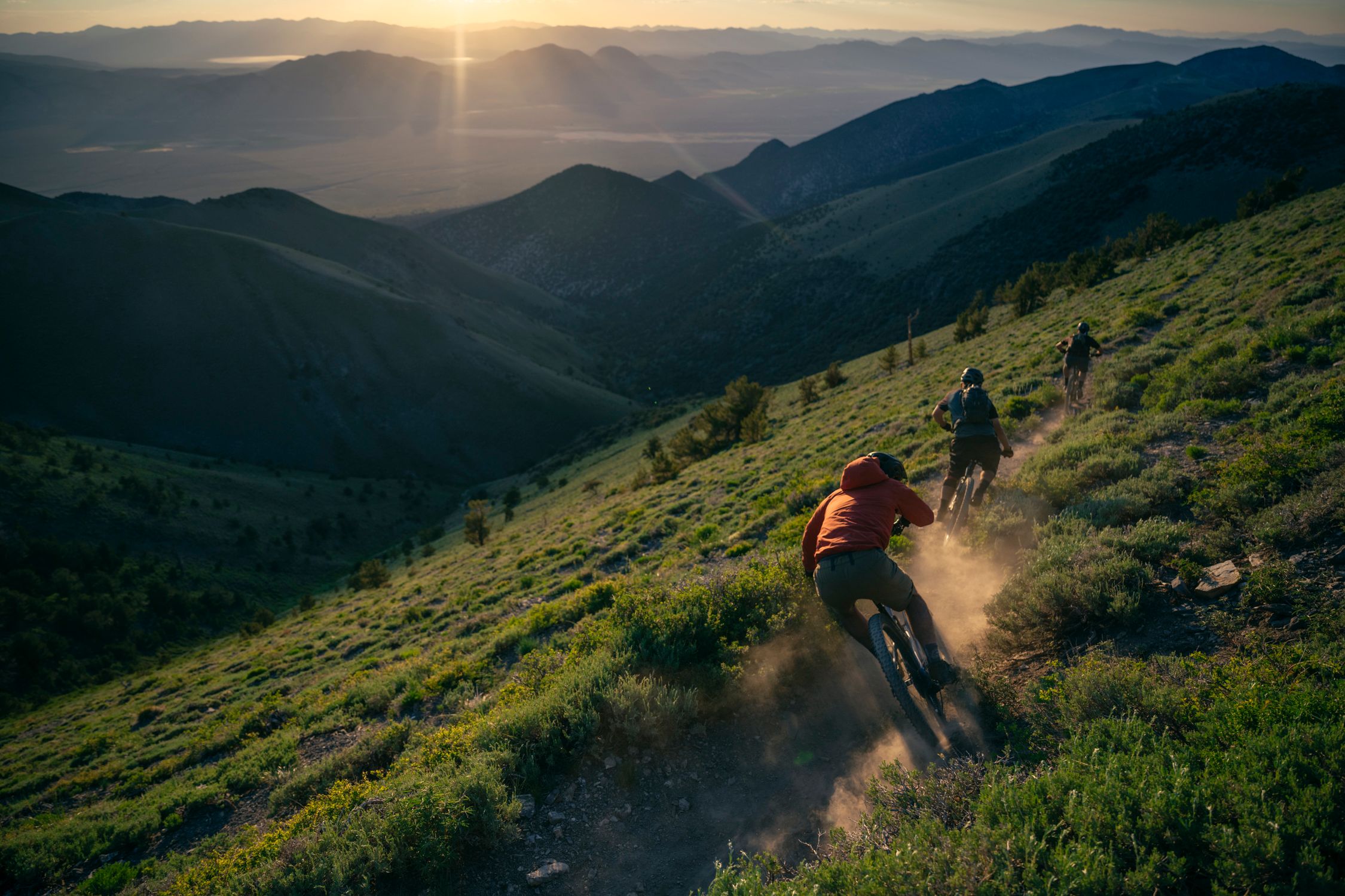 Three mountain bikers riding down a grassy hillside at sunset, with a scenic view of distant mountains and a valley below. Dust is kicked up behind them as they navigate the trail. Toiyabe Crest Trail mountain bike trail.