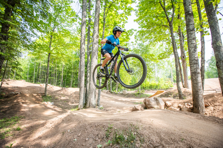 A young cyclist in a blue shirt and helmet performs a jump on a mountain bike over a dirt track surrounded by trees. The scene is bright and vibrant, showcasing the excitement of outdoor biking.