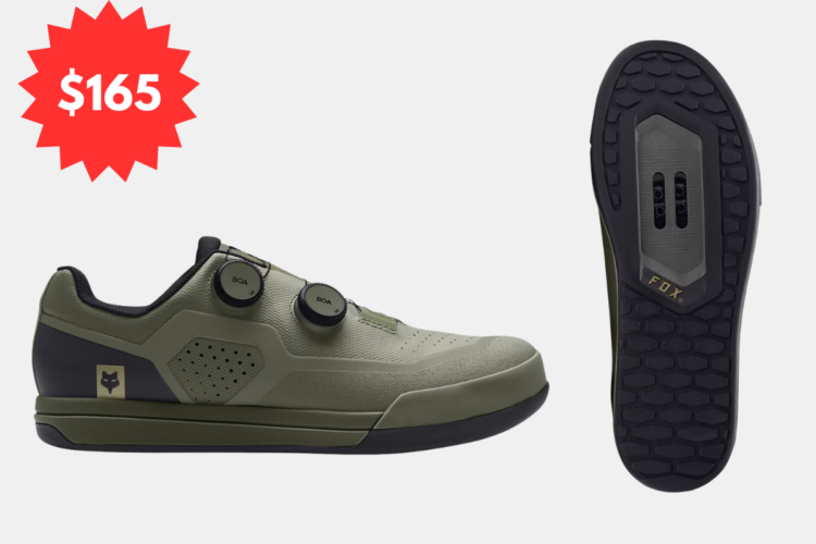 A pair of green Fox Union BOA clipless cycling shoes featuring a sleek design, two BOA® closure dials, and a textured sole for optimal grip. One shoe is shown from the side, while the other is displayed with its sole facing up. A red starburst label indicates a price of $165.