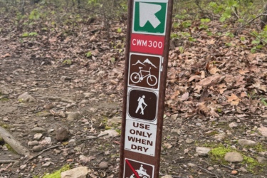 A trail marker sign indicating the "Easiest Tortoise" hiking trail in a wooded area. The sign features various symbols, including icons for hiking, biking, and a warning to "Use Only When Dry." There are also stickers at the bottom of the post. Surrounding the sign are green plants and fallen leaves on the ground. Tortoise mountain bike trail.