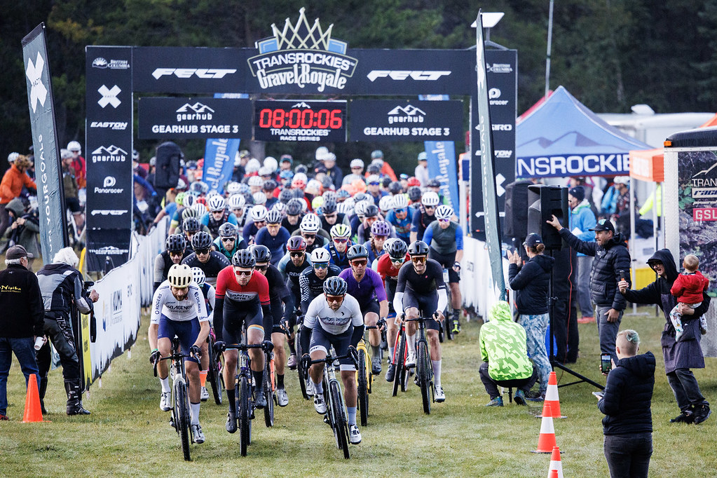 A group of cyclists in colorful jerseys and helmets are starting a race at the TransRockies Gravel Royale event. The background features banners and signs indicating the "Gearhub Stage 3" and a countdown timer displaying "08:00:06." Spectators can be seen along the sides, some capturing the moment on their phones. The scene is set in a grassy area, hinting at an outdoor competitive atmosphere.