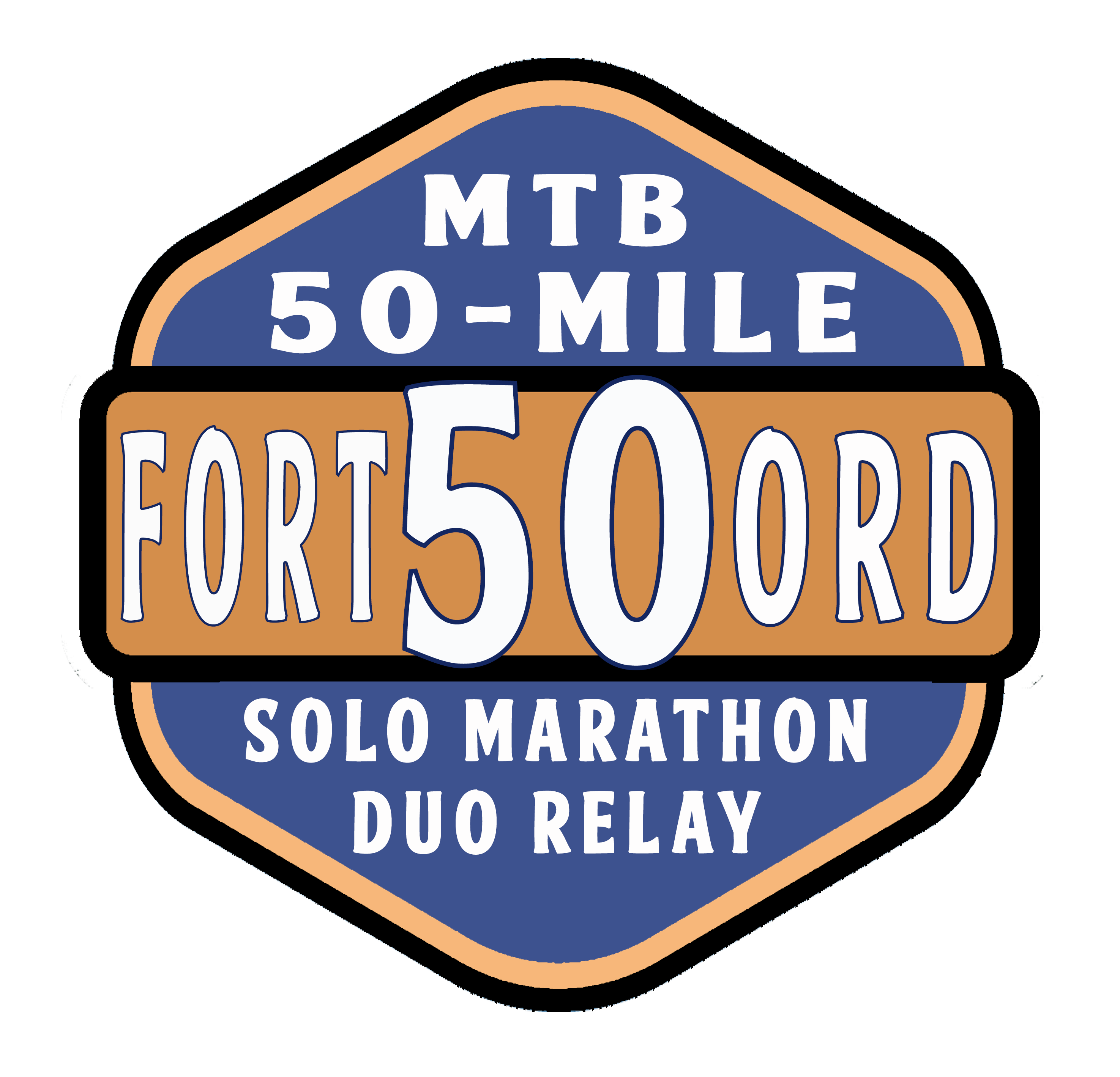 Logo for the Fort 50 MTB event featuring the text "MTB 50-Mile," "FORT 50ord," and "Solo Marathon Duo Relay," with a blue and orange design.
