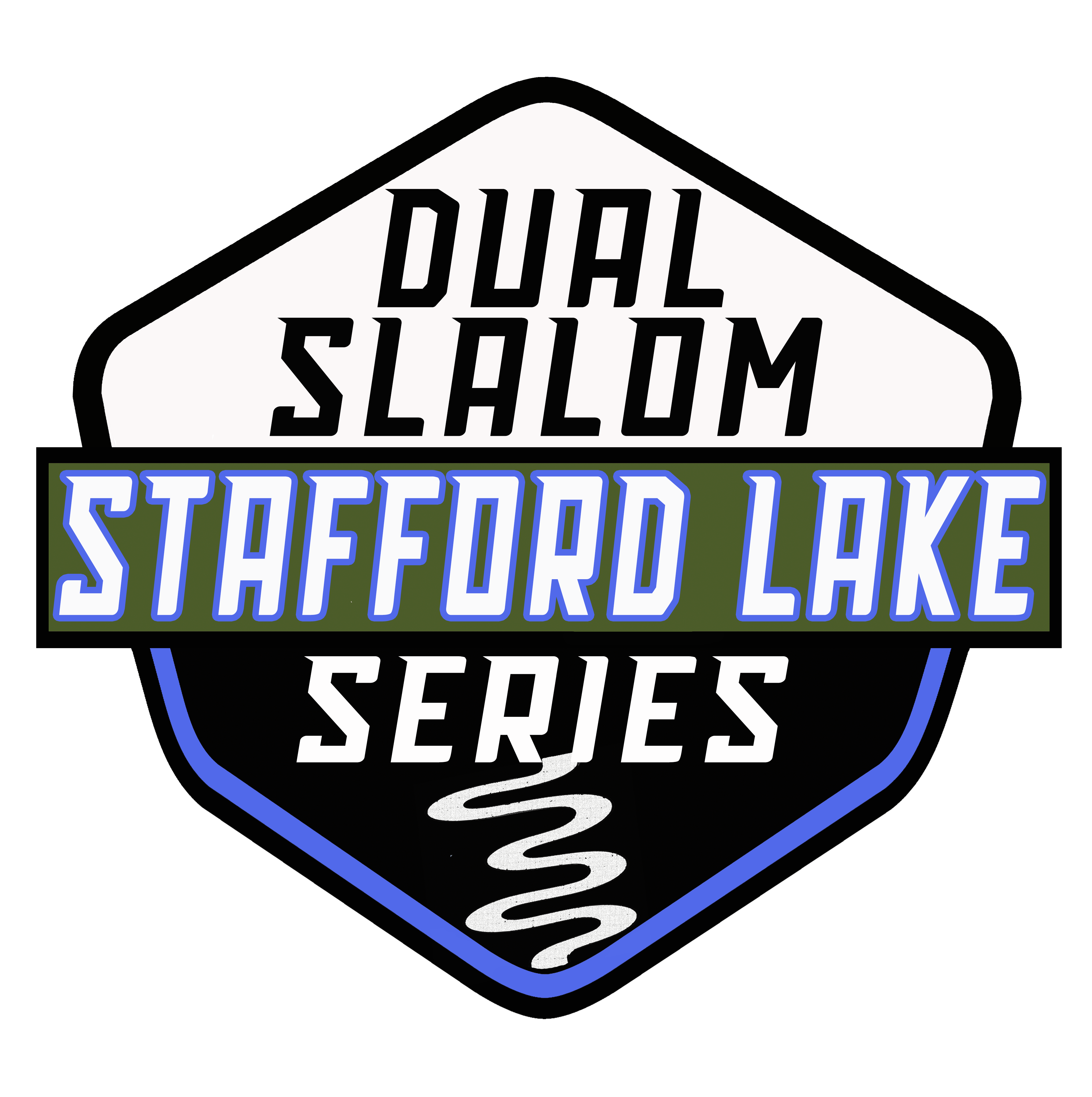 Logo design for the "Dual Slalom Stafford Lake Series," featuring bold, stylized text in black and white, with "STAFFORD LAKE" highlighted in green and blue accents. The logo is set against a black background, creating a striking visual for the event.