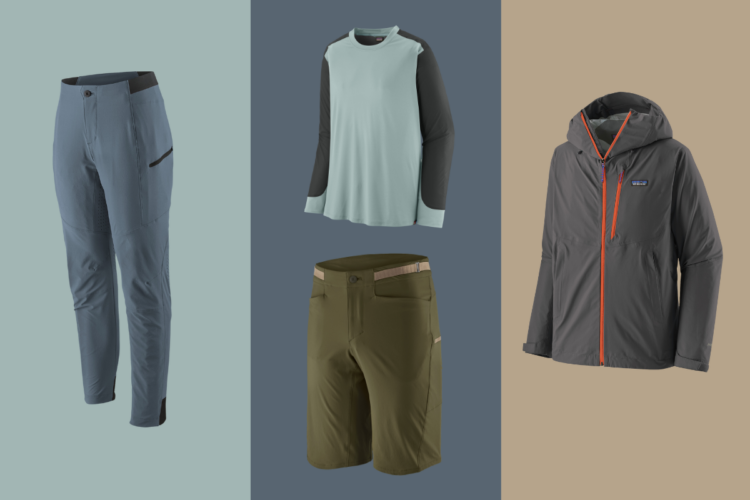 Four outdoor clothing items displayed against a neutral background: a pair of blue pants with pockets, a mint green and black long-sleeve shirt, olive green shorts with a contrasting waistband, and a dark grey jacket with an orange zipper and hood.