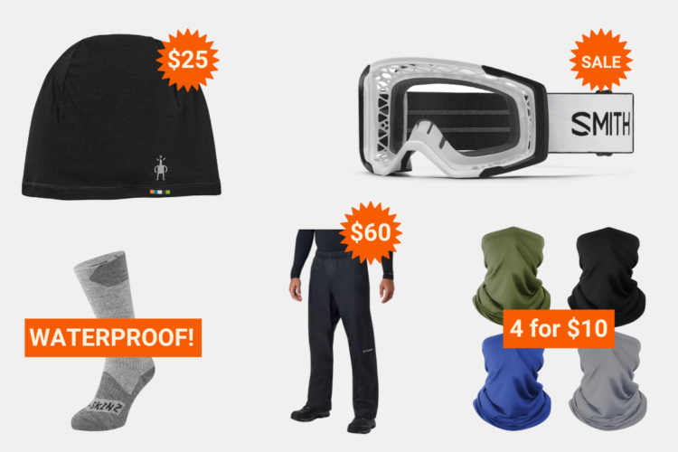 Image featuring outdoor apparel and accessories: a black beanie priced at $25, a pair of ski goggles labeled "SALE" with a $60 price tag, waterproof gray socks, and a pair of black pants. Additionally, there are four neck gaiters in different colors available for $10.
