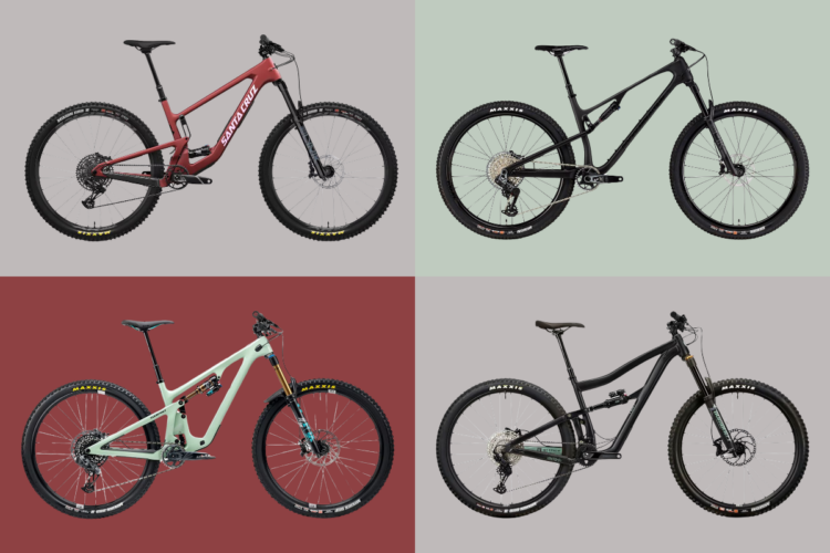 Four mountain bikes are displayed in a grid format on colored backgrounds. The top left bike is red with white branding. The top right bike features a sleek black design. The bottom left bike is light green, showcasing a unique frame design, while the bottom right bike is black with subtle detailing. Each bike has oversized tires and modern components, illustrating a focus on performance and style.