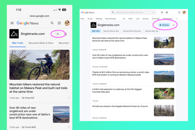 A side-by-side screenshot of a mobile and desktop version of Google News displaying articles from Singlettracks.com. The mobile view, on the left, features a mountain biker on a trail with headings for "Bike Trails," "Mountain Bikes &amp; Gear," and "Mountain." The desktop view, on the right, includes various articles related to mountain biking, along with navigation options for "Home," "For you," and "Following."