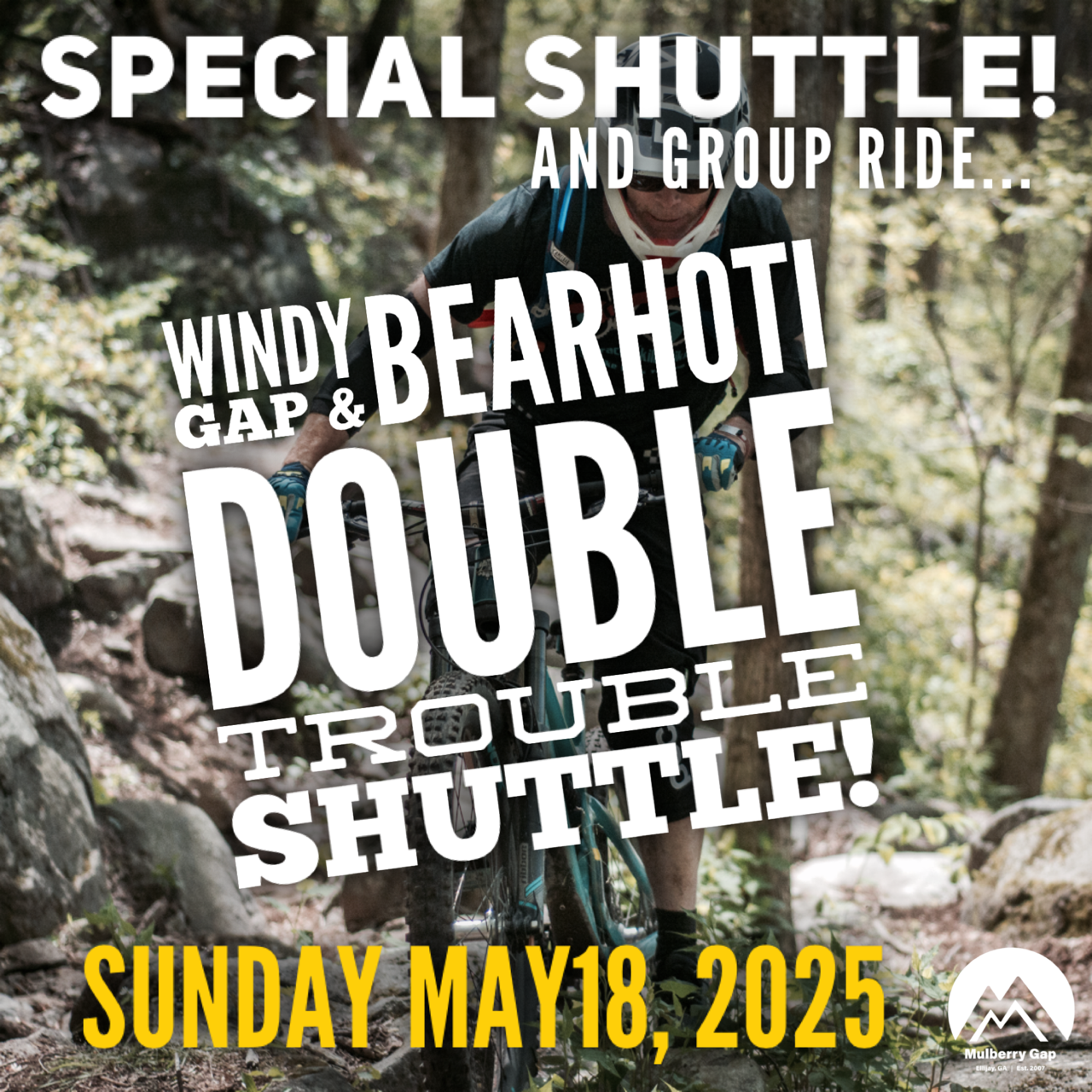 Image of a mountain biker riding on a rocky trail in a forested area. The text overlay includes details for a special shuttle and group ride event titled "Windy Gap & Bearhoti Double Trouble Shuttle!" scheduled for Sunday, May 18, 2025. The event logo is visible in the bottom right corner.