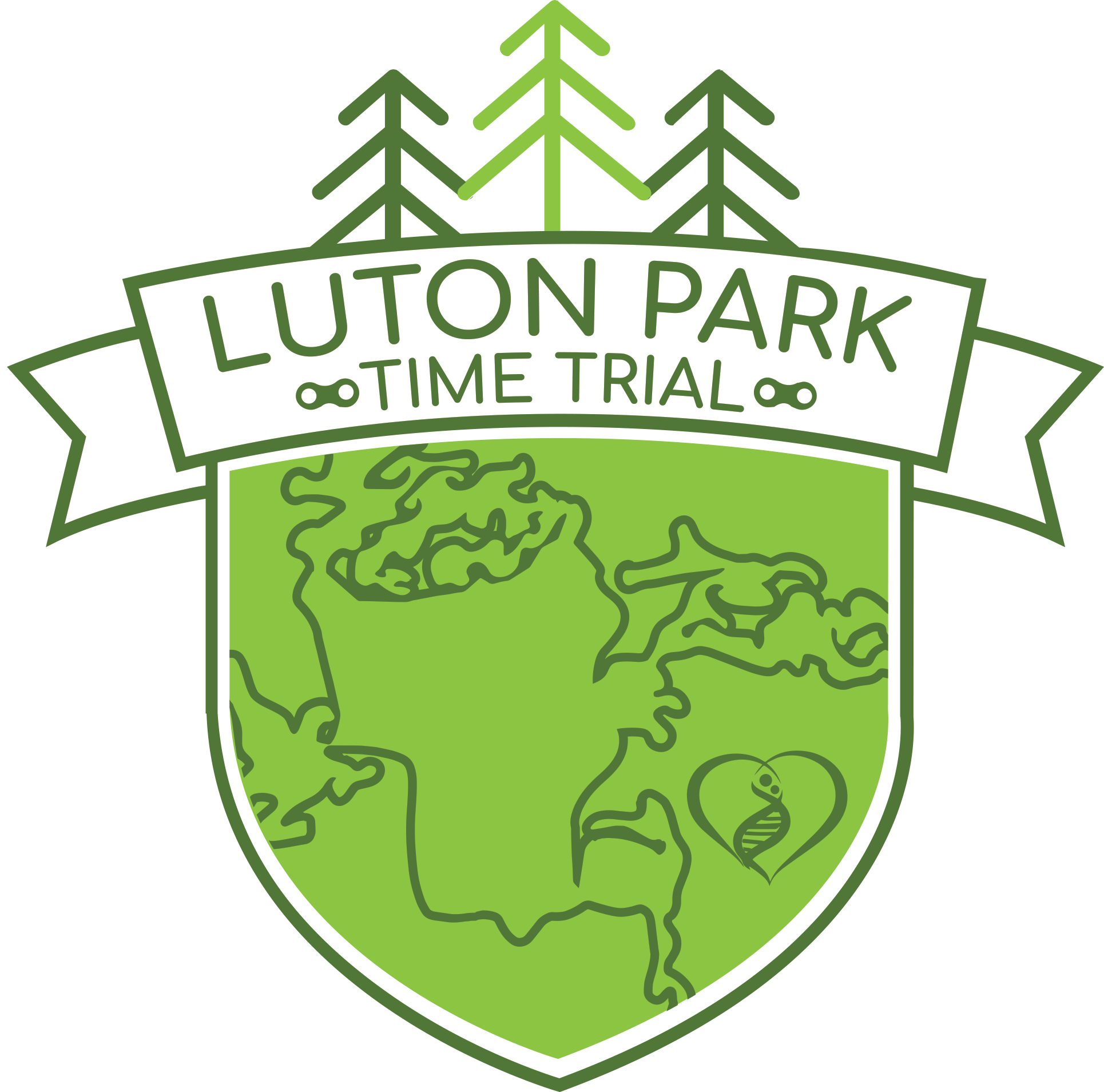 Logo for the Luton Park Time Trial featuring a green shield design with a map outline of the park, flanked by stylized trees at the top and the event name prominently displayed in bold text. A heart shape with a DNA strand icon is included at the bottom of the shield.