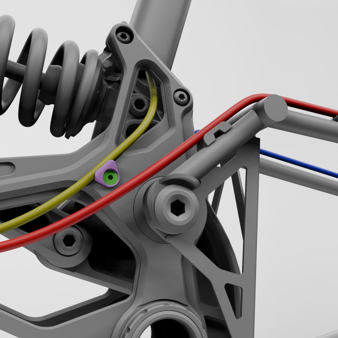 Close-up view of a mechanical assembly featuring a coil spring, various colored wires (red, yellow, blue, and green), and intricate metal components, illustrating the details of a machinery part or a robotic mechanism against a plain background.