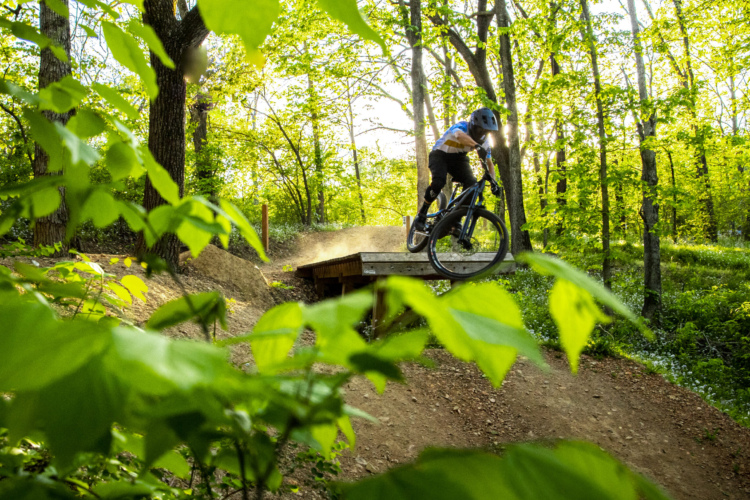 A mountain biker jumps off a wooden ramp in a lush green forest, surrounded by vibrant leaves and sunlight filtering through the trees, creating a dynamic sense of motion and adventure. Dust rises behind the bike as it sails through the air.