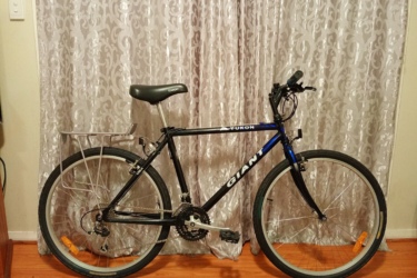Giant Yukon: A black and blue Giant Yukon bicycle with a silver rear rack, standing against a textured silver curtain. The bike features a comfortable seat and is positioned on a wooden floor with a rug visible below.