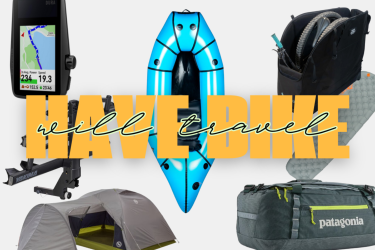 Collage of outdoor adventure equipment featuring a GPS device with a mapping screen, an inflatable blue kayak, a bike rack, a tent, a sleeping pad, and a Patagonia duffel bag, with the text “HAVE BIKE, will travel” prominently overlaying the image.