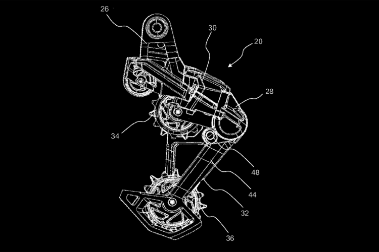 Illustration of a bicycle derailleur featuring labeled components such as gears and arm mechanisms, depicted in a technical drawing style on a black background.