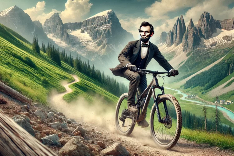 A man in a formal suit and bowtie, reminiscent of a historical figure, rides a mountain bike on a scenic trail through a lush green valley surrounded by majestic mountains and a clear blue sky. Dust kicks up behind him as he navigates the path.