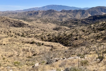 A panoramic view of a rugged, dry landscape featuring rolling hills and sparse vegetation under a clear blue sky, with distant mountains visible on the horizon. The terrain is mostly comprised of dry grass and small shrubs, suggesting a desert environment. Milagrosa / Molino Basin mountain bike trail.