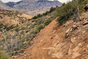 A winding dirt trail surrounded by sparse vegetation and rocky terrain, leading towards distant, rugged mountains under a cloudy sky. Hell Hole mountain bike trail.